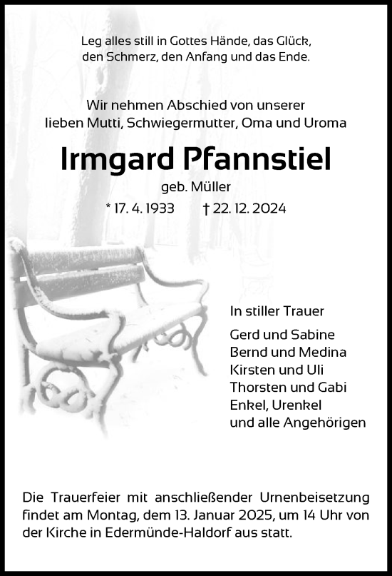 Traueranzeige von Irmgard Pfannstiel von HNA