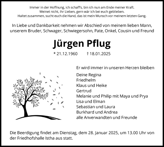 Traueranzeige von Jürgen Pflug von HNA