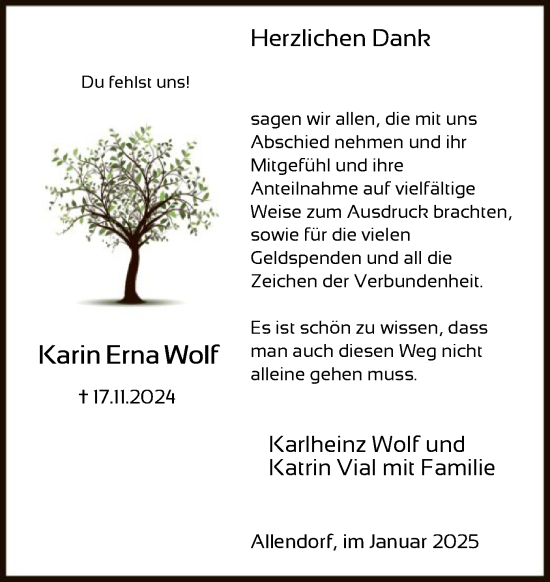 Traueranzeige von Karin Erna Wolf von HNA