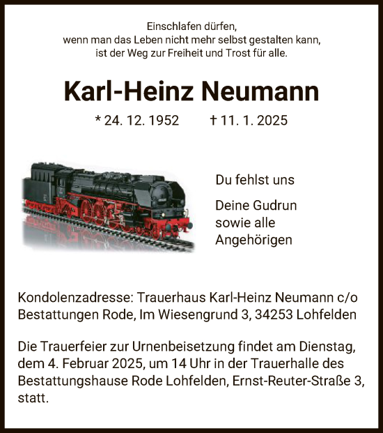 Traueranzeige von Karl-Heinz Neumann Neumann von HNA