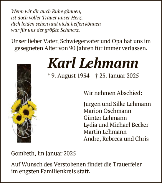 Traueranzeige von Karl Lehmann von HNA