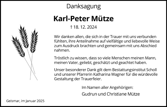 Traueranzeige von Karl-Peter Mütze von HNA