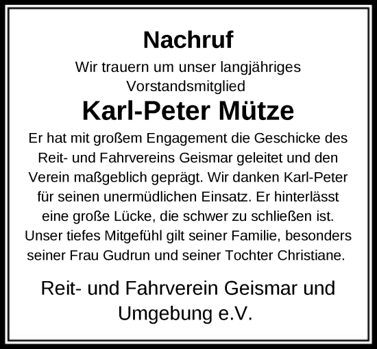 Traueranzeige von Karl-Peter Mütze von HNA