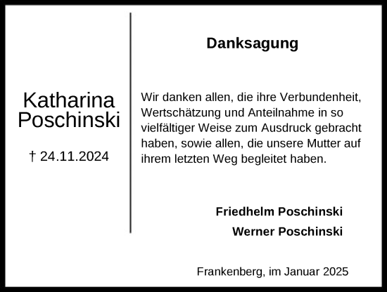 Traueranzeige von Katharina Poschinski von HNA