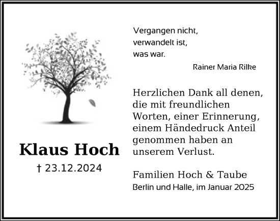 Traueranzeige von Klaus Hoch von HNA