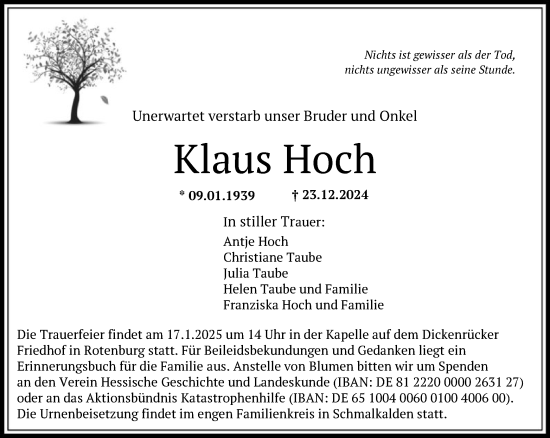 Traueranzeige von Klaus Hoch von HNA