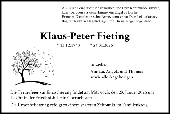 Traueranzeige von Klaus-Peter Fieting von HNA