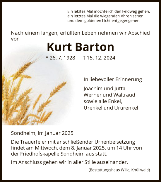 Traueranzeige von Kurt Barton von HNA