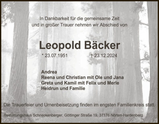 Traueranzeige von Leopold Bäcker von HNA