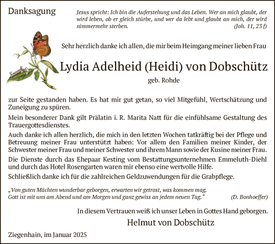 Traueranzeige von Lydia  von Dobschütz von HNA