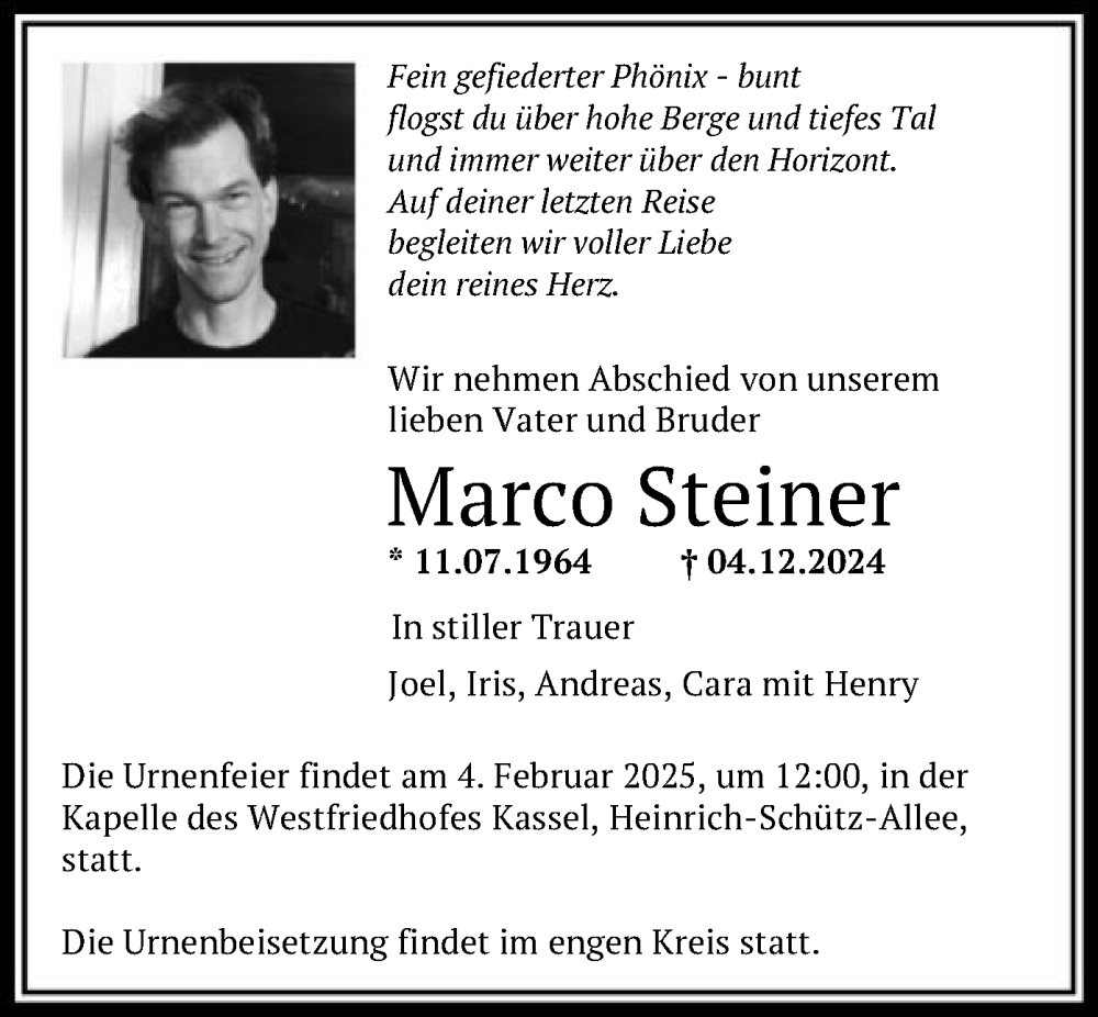  Traueranzeige für Marco Steiner vom 04.01.2025 aus HNA