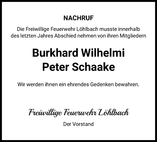 Traueranzeige von Nachruf Freiwillige Feuerwehr Löhlbach von HNA