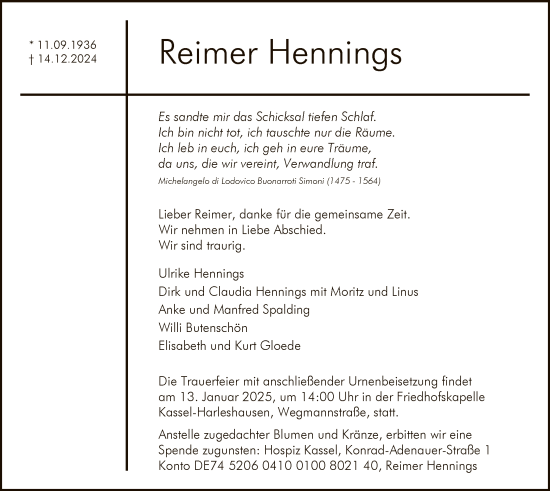 Traueranzeige von Reimer Hennings von HNA