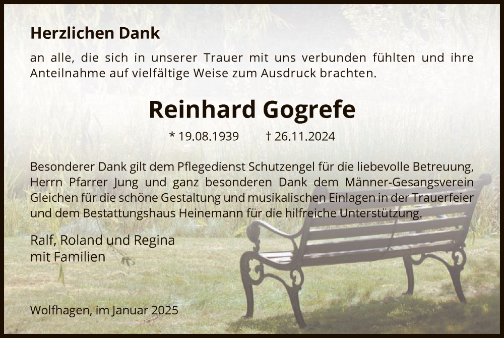  Traueranzeige für Reinhard Gogrefe vom 18.01.2025 aus HNAHNA