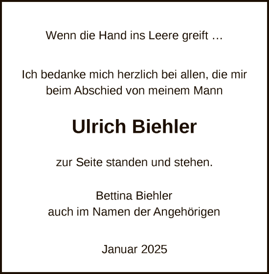 Traueranzeige von Ulrich Biehler von HNAHNA