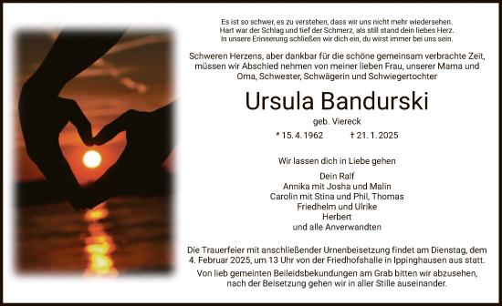 Traueranzeige von Ursula Bandurski von HNA
