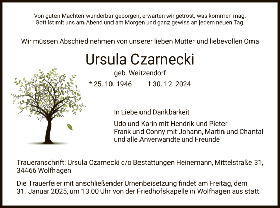 Traueranzeige von Ursula Czarnecki von HNA