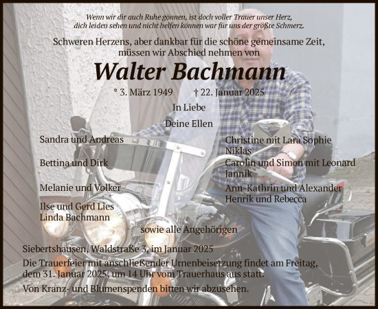 Traueranzeige von Walter Bachmann von HNAHNA