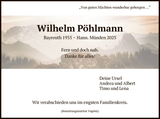 Traueranzeige von Wilhelm Pöhlmann von HNA