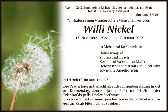 Traueranzeige von Willi Nickel von HNAHNA