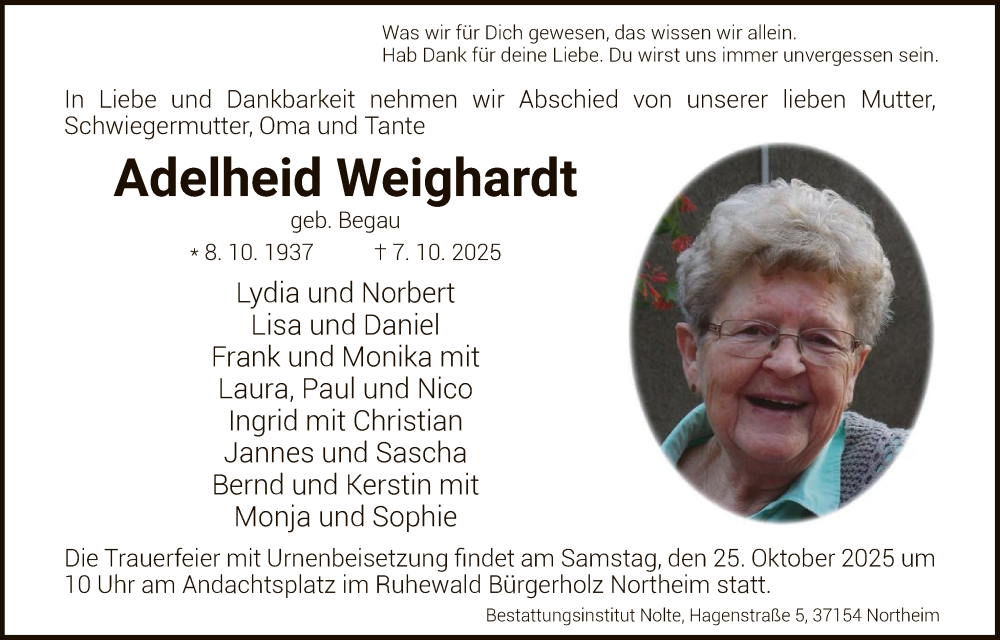  Traueranzeige für Adelheid Weighardt vom 18.10.2025 aus HNA