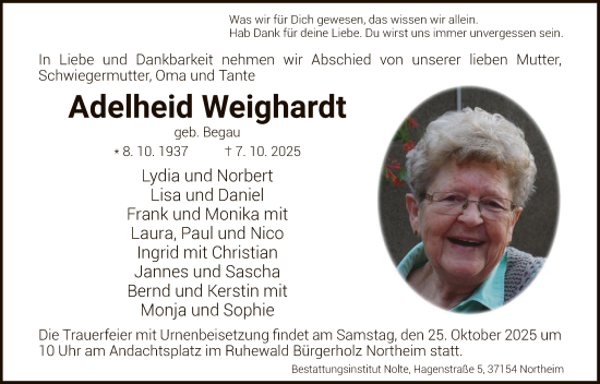 Traueranzeige von Adelheid Weighardt von HNA