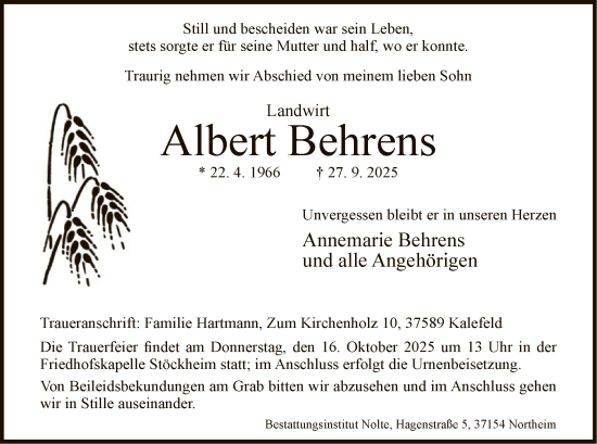 Traueranzeige von Albert Behrens von HNA