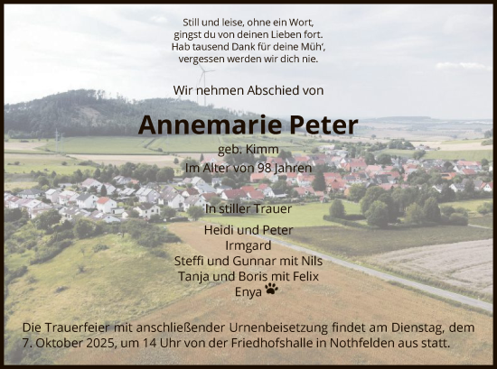 Traueranzeige von Annemarie Peter von HNA