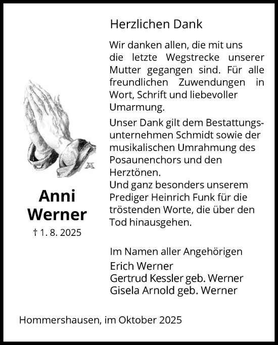 Traueranzeige von Anni Werner von HNA
