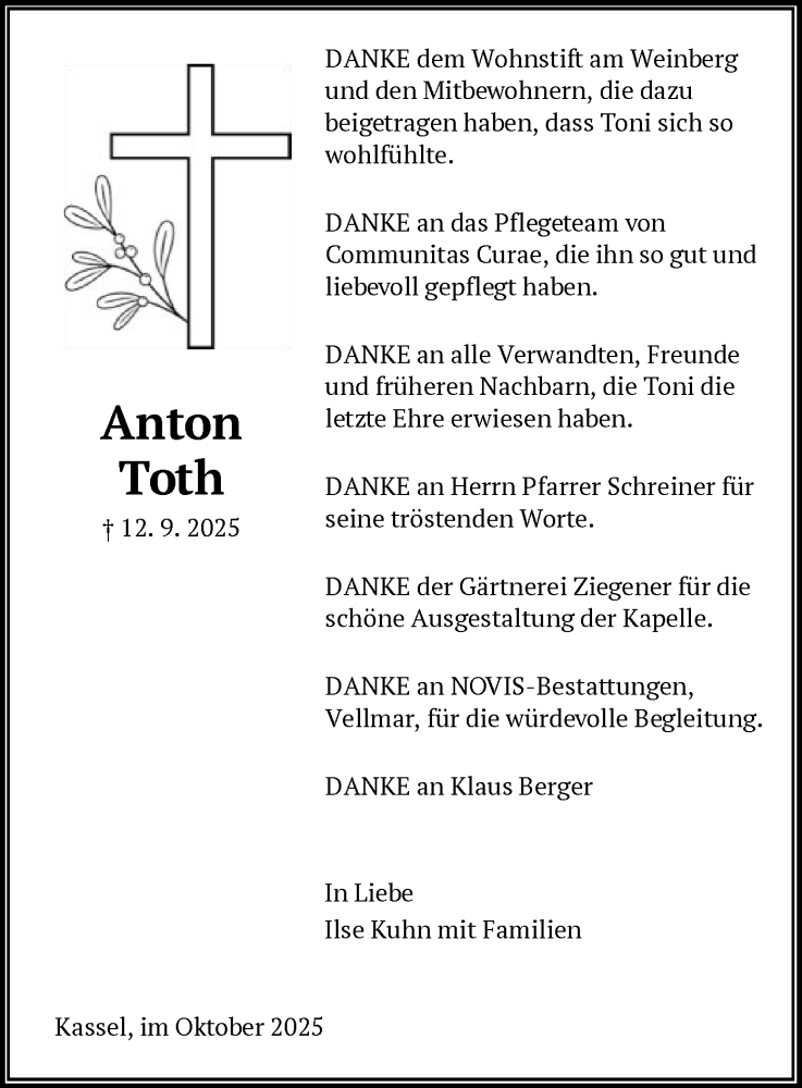  Traueranzeige für Anton Toth vom 11.10.2025 aus HNA