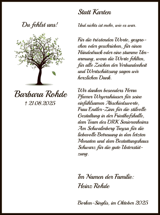 Traueranzeige von Barbara Rohde von HNA