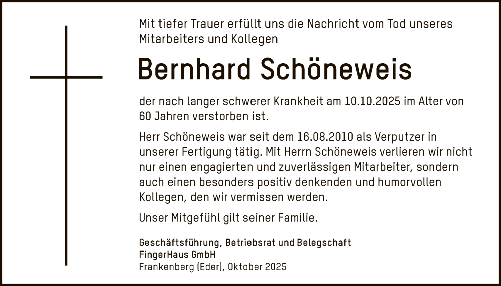  Traueranzeige für Bernhard Schöneweis vom 22.10.2025 aus HNA