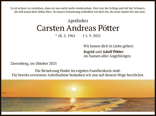 Traueranzeige von Carsten Andreas Pötter von HNA
