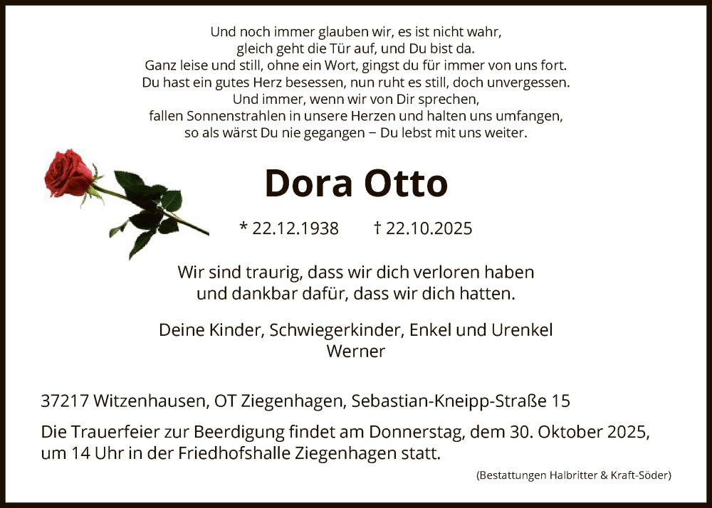  Traueranzeige für Dora Otto vom 25.10.2025 aus HNA