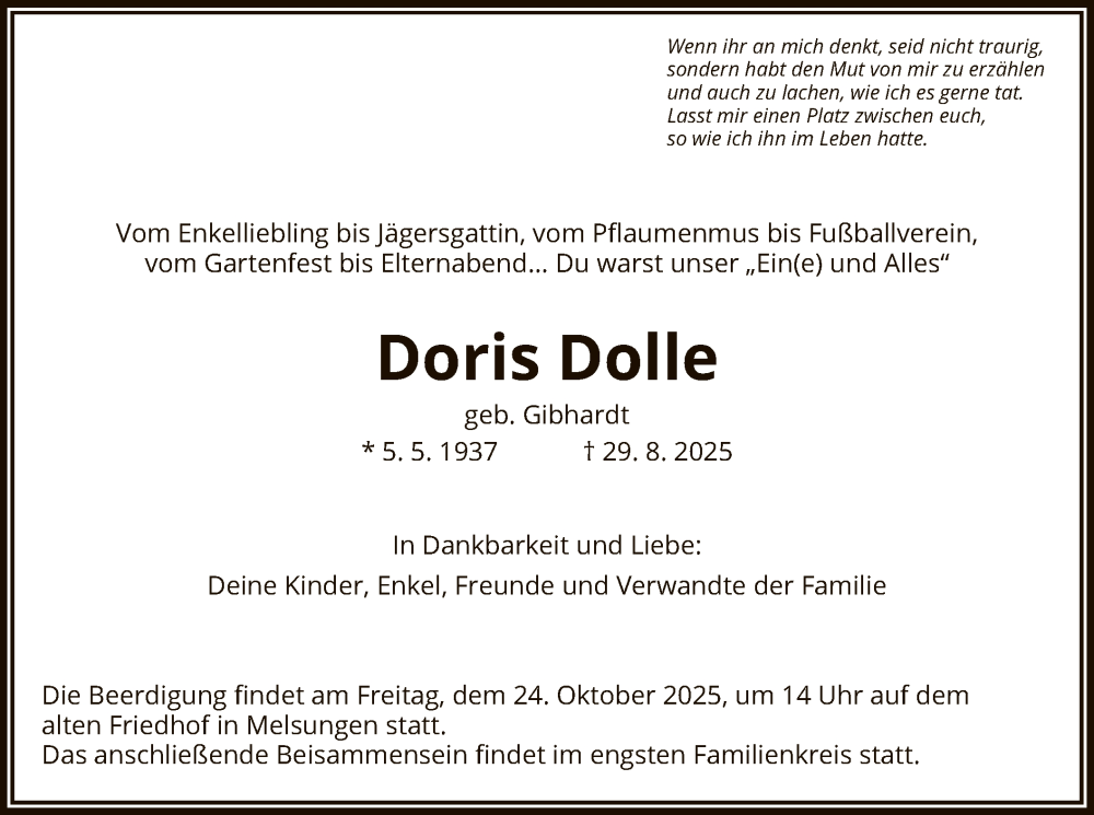  Traueranzeige für Doris Dolle vom 10.10.2025 aus HNA