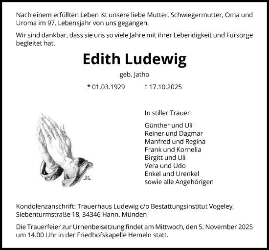 Traueranzeige von Edith Ludewig von HNA