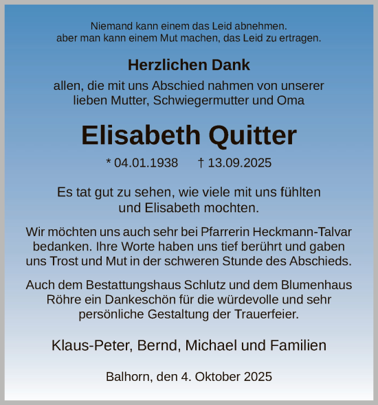 Traueranzeige von Elisabeth Quitter von HNA