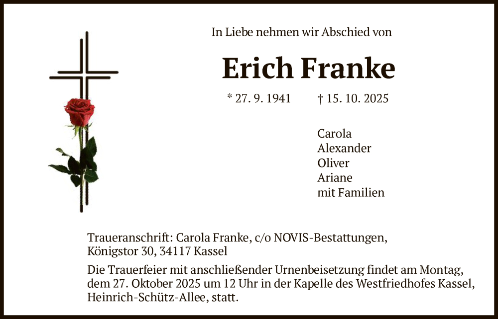  Traueranzeige für Erich Franke vom 25.10.2025 aus HNA