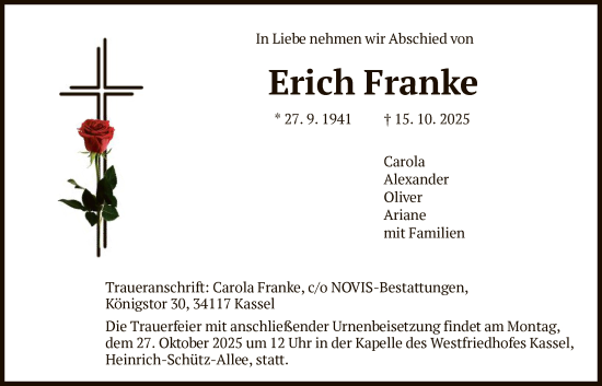 Traueranzeige von Erich Franke von HNA