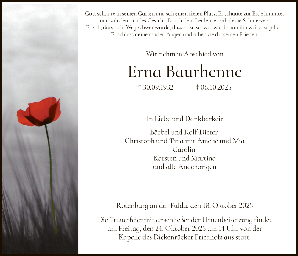  Traueranzeige für Erna Baurhenne vom 18.10.2025 aus HNAHN