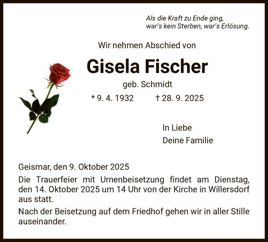 Traueranzeige von Gisela Fischer von HNA