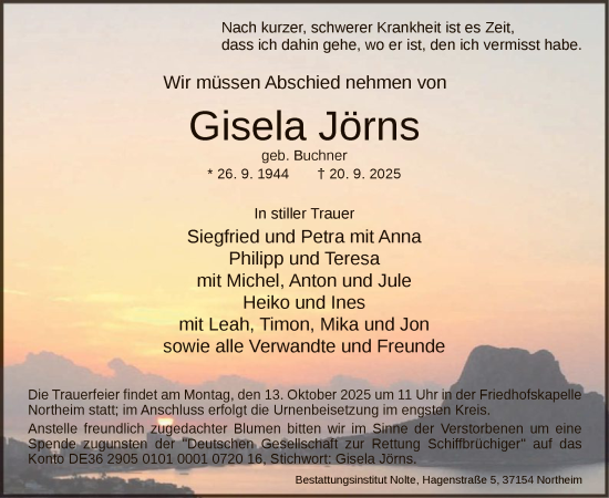Traueranzeige von Gisela Jörns von HNA