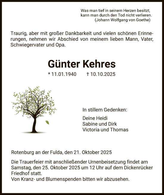 Traueranzeige von Günter Kehres von HNA