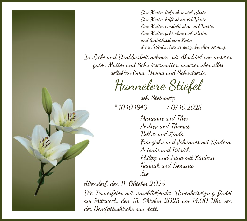  Traueranzeige für Hannelore Stiefel vom 11.10.2025 aus HNA