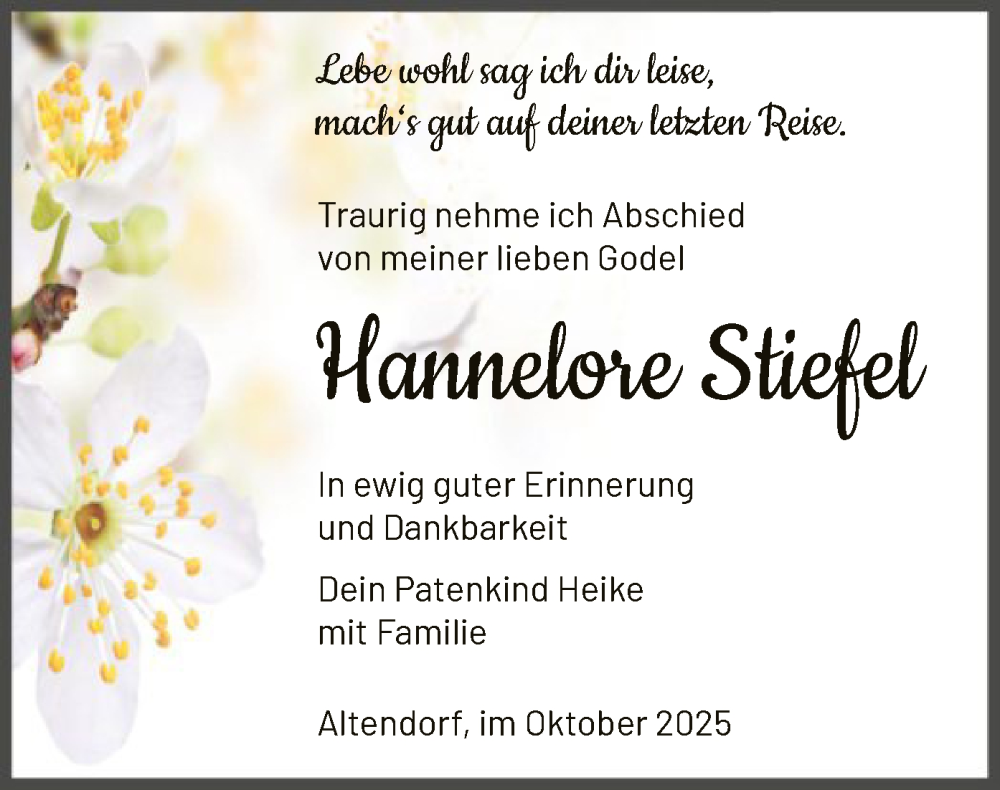  Traueranzeige für Hannelore Stiefel vom 11.10.2025 aus HNA
