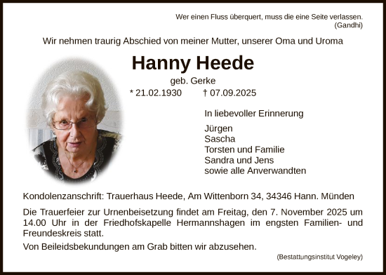 Traueranzeige von Hanny Heede von HNA