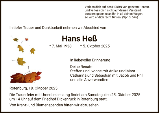 Traueranzeige von Hans Heß von HNA