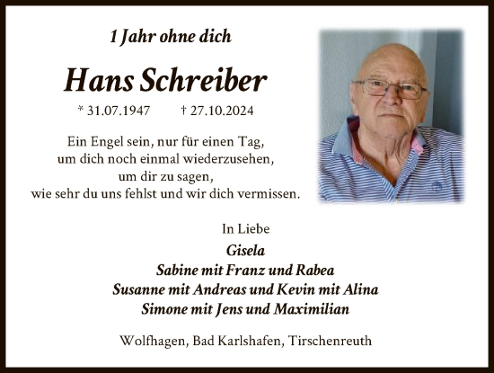 Traueranzeige von Hans Schreiber von HNA