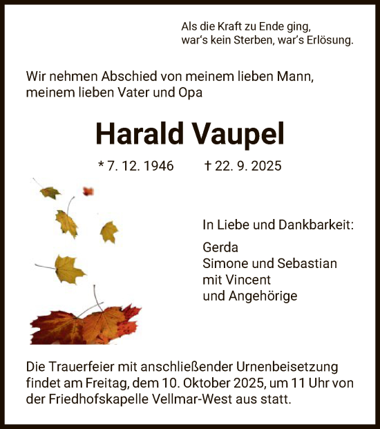 Traueranzeige von Harald Vaupel von HNA