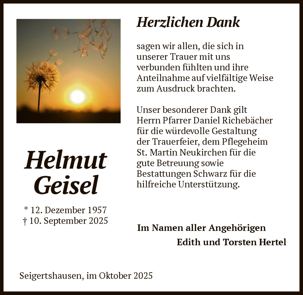  Traueranzeige für Helmut Geisel vom 18.10.2025 aus HNA